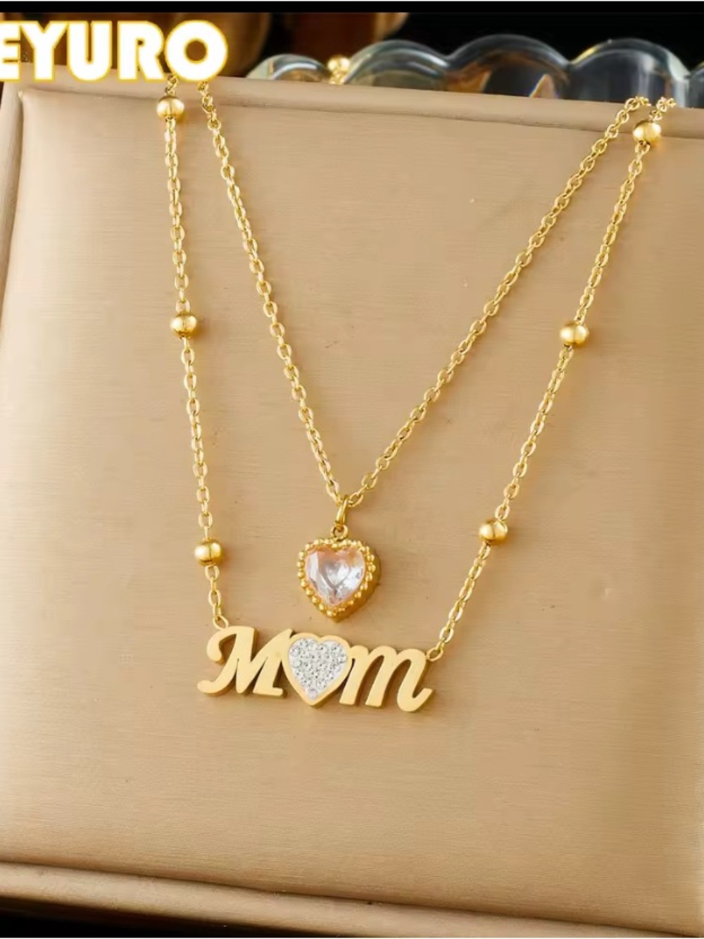 Gold 'Mom' Layered Necklace with Heart Pendant -